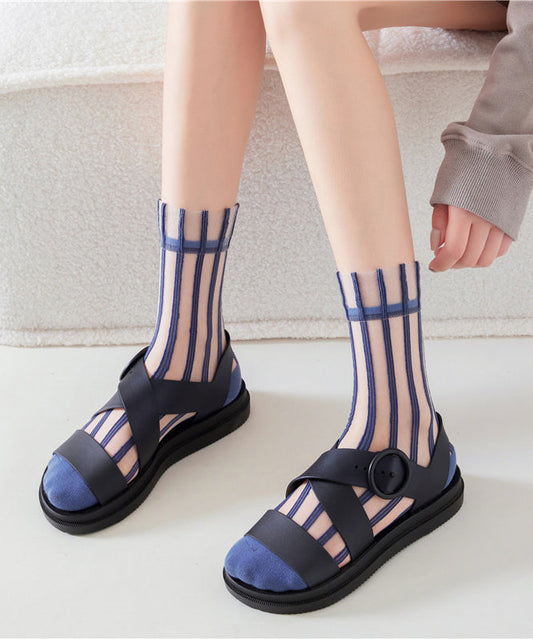 Chaussettes mi-mollet d'été à fines rayures en maille transparente - TrendAura