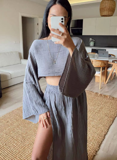 Sylvia Gauze Two Piece Set Cropped Top With Wide Sleeves And High Slit Maxi Skirt