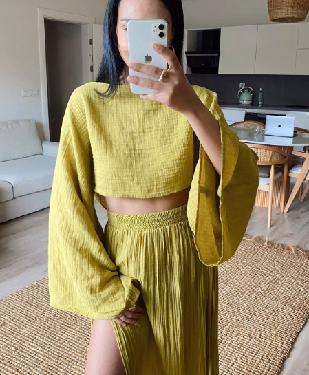 Sylvia Gauze Two Piece Set Cropped Top With Wide Sleeves And High Slit Maxi Skirt