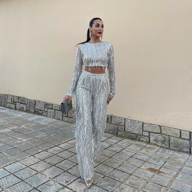 Women's Set with Crop Top and Pants – Fitted Long Sleeve – High Waist – Flared Legs – Decorated