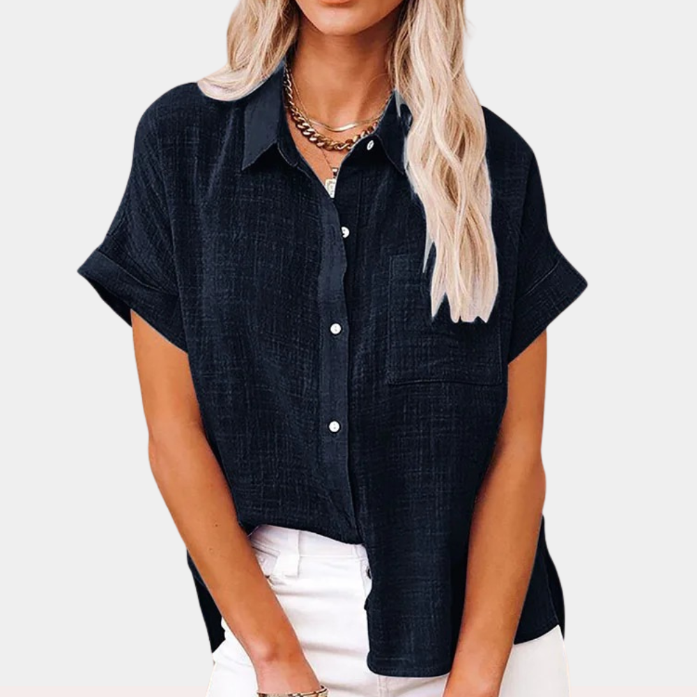 Button-up linen shirt for women with patch pocket