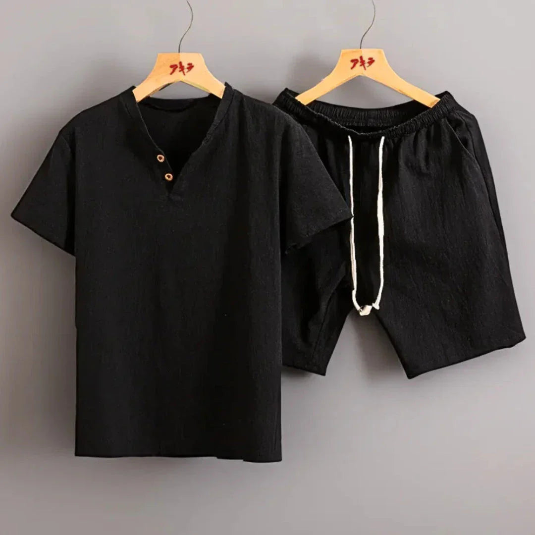 Waylynn Theo Linen Look Two Piece Set Womens Lightweight Casual Outfit with Button Front Tee and Elastic Waist Shorts