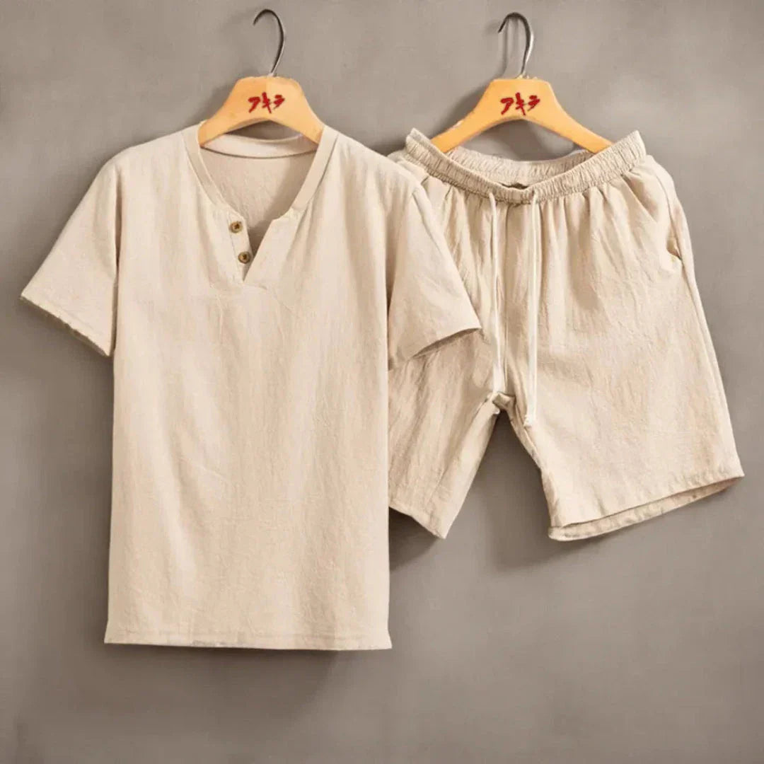Waylynn Theo Linen Look Two Piece Set Womens Lightweight Casual Outfit with Button Front Tee and Elastic Waist Shorts