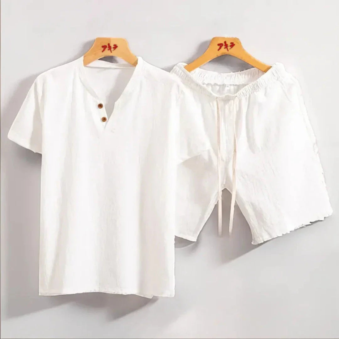 Waylynn Theo Linen Look Two Piece Set Womens Lightweight Casual Outfit with Button Front Tee and Elastic Waist Shorts