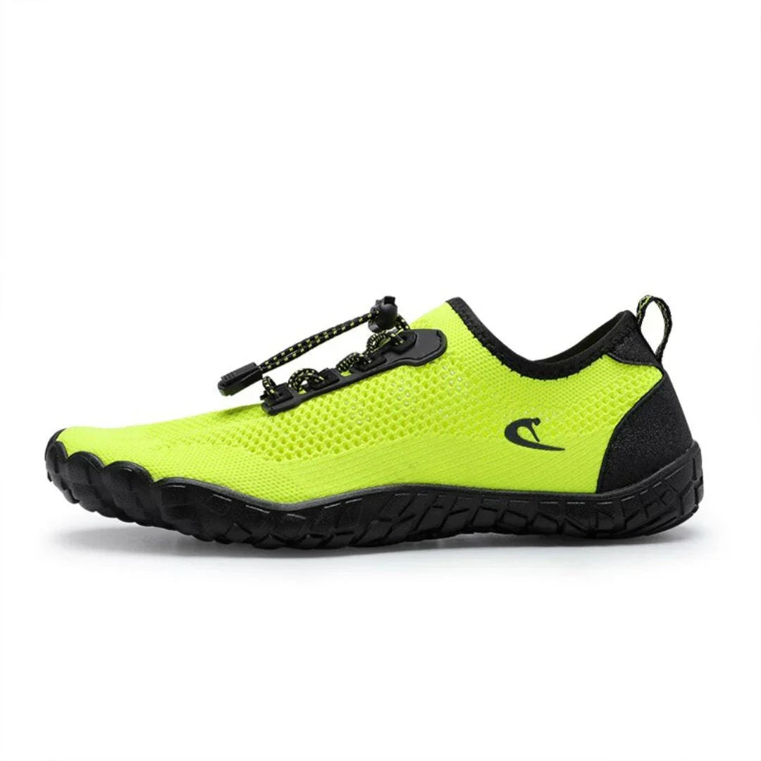 Theo TideRunner Shoes Mens Neon Yellow Outdoor Footwear With Flexible Sole Elastic Ankle Collar Drainage Holes