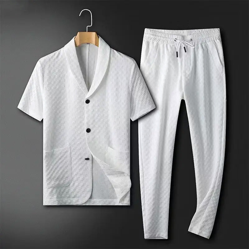 Men's Casual Blazer and Trousers Set Short Sleeve Breathable Textured Fabric Relaxed Fit