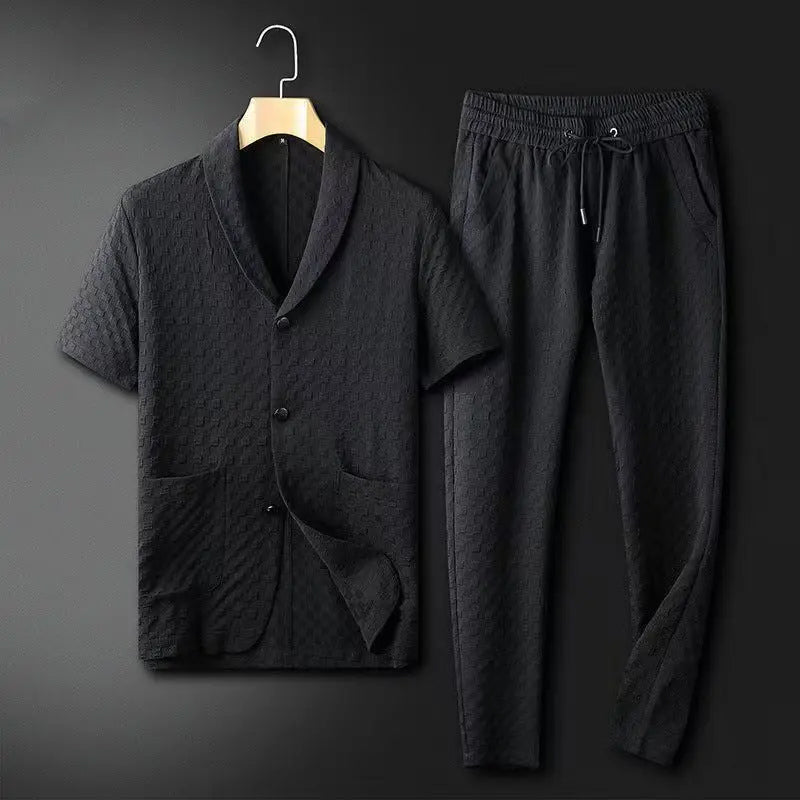 Men's Casual Blazer and Trousers Set Short Sleeve Breathable Textured Fabric Relaxed Fit