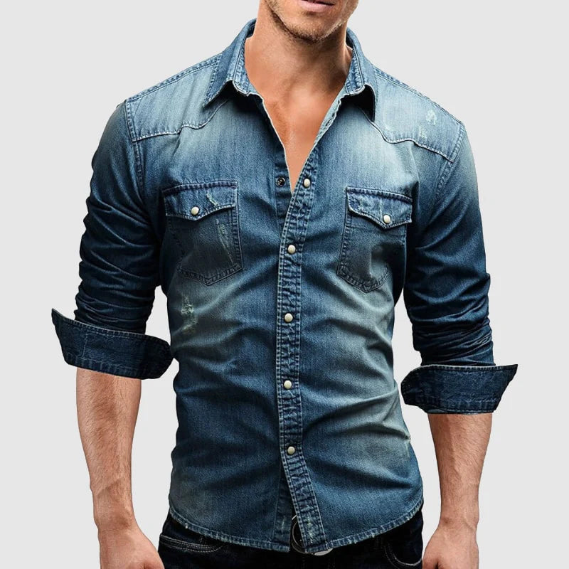 Aaron Slim Fit Denim Shirt for Men in Soft Cotton Blend with Breathable Comfort and Year Round Style