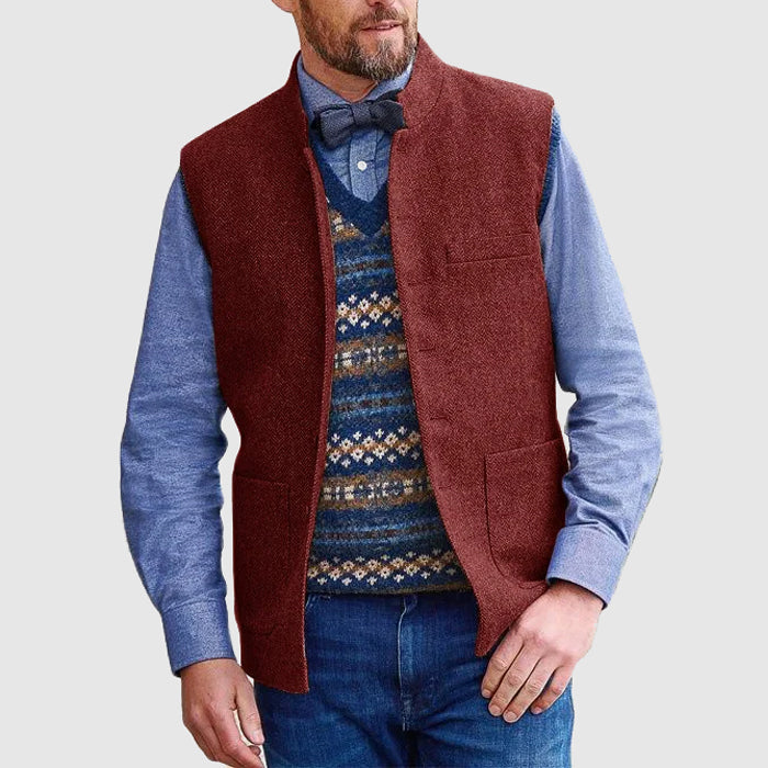 Mens Wool Blend Vest With Stand Collar Structured Fit Hip Length And Utility Pockets TrendAura