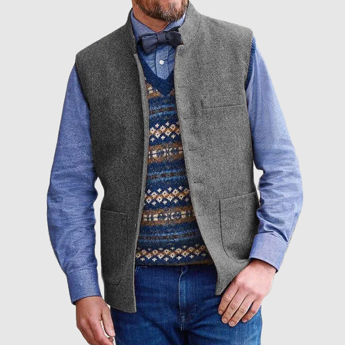 Mens Wool Blend Vest With Stand Collar Structured Fit Hip Length And Utility Pockets TrendAura
