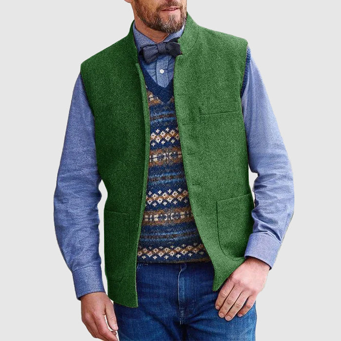 Mens Wool Blend Vest With Stand Collar Structured Fit Hip Length And Utility Pockets TrendAura