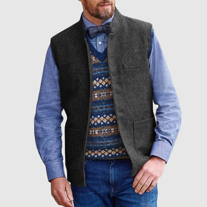 Mens Wool Blend Vest With Stand Collar Structured Fit Hip Length And Utility Pockets TrendAura
