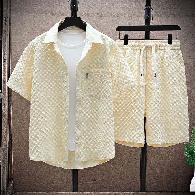 TrendAura Men Streetwear Set Relaxed Fit Textured Shirt And Shorts With Button Closure And Drawstring
