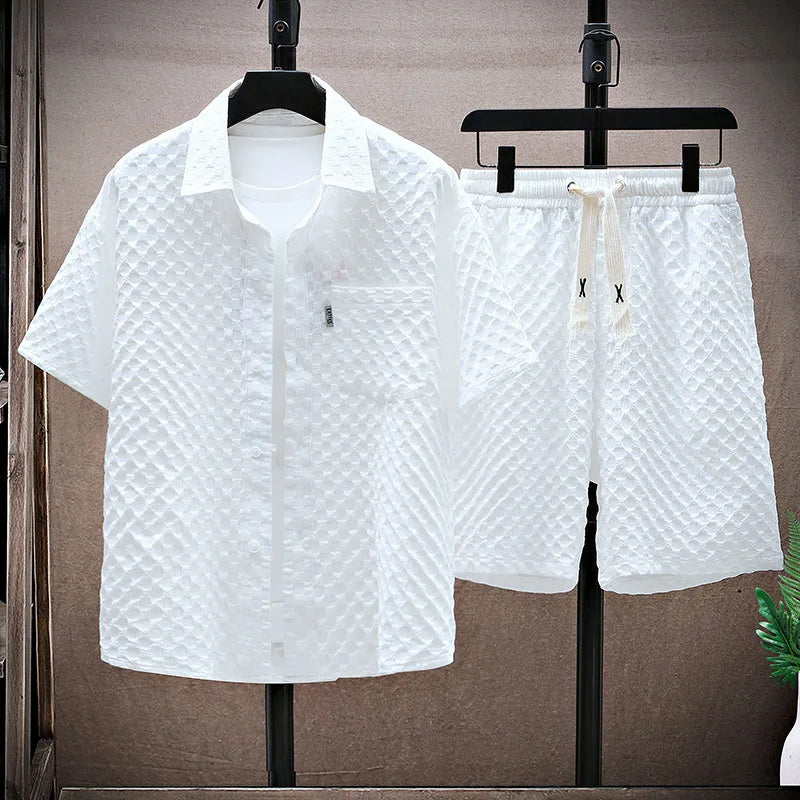 TrendAura Men Streetwear Set Relaxed Fit Textured Shirt And Shorts With Button Closure And Drawstring