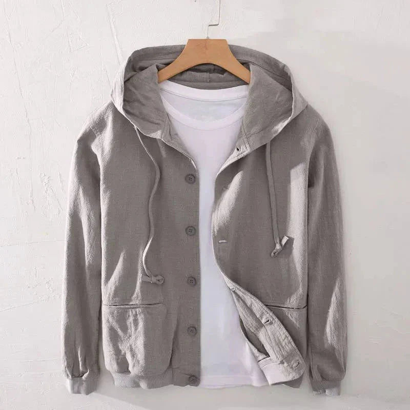 Men's Lightweight Button Up Linen Blend Hoodie With Drawstring Hood And Front Pockets Relaxed Fit