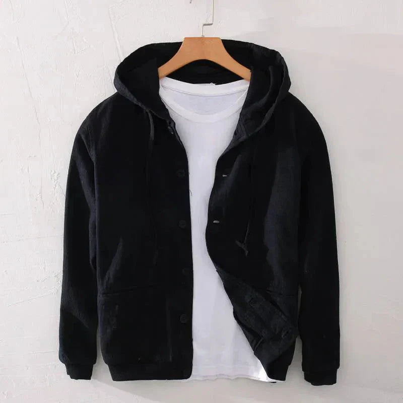 Men's Lightweight Button Up Linen Blend Hoodie With Drawstring Hood And Front Pockets Relaxed Fit