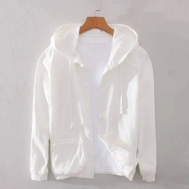 Men's Lightweight Button Up Linen Blend Hoodie With Drawstring Hood And Front Pockets Relaxed Fit