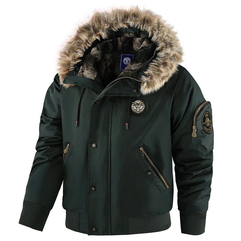 OutdoorPro Thick Padded Mens Winter Jacket With Fur Trim Hood Windproof Zipper Cuffs Elastic Waist