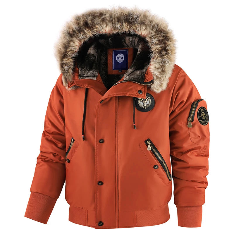 OutdoorPro Thick Padded Mens Winter Jacket With Fur Trim Hood Windproof Zipper Cuffs Elastic Waist