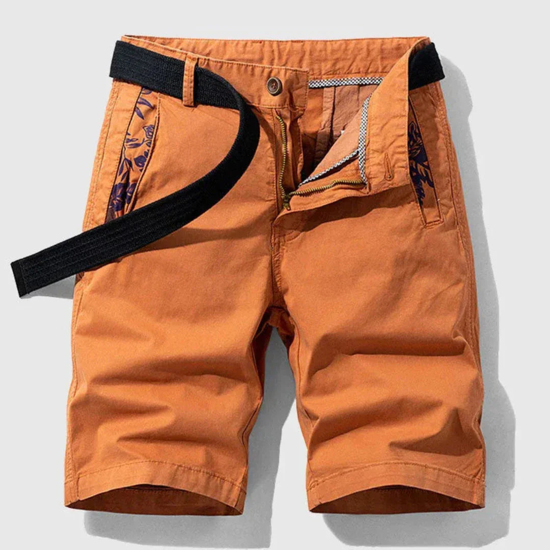 Tim Zipper Fly Cotton Stretch Shorts For Men With Floral Pocket Lining And Belted