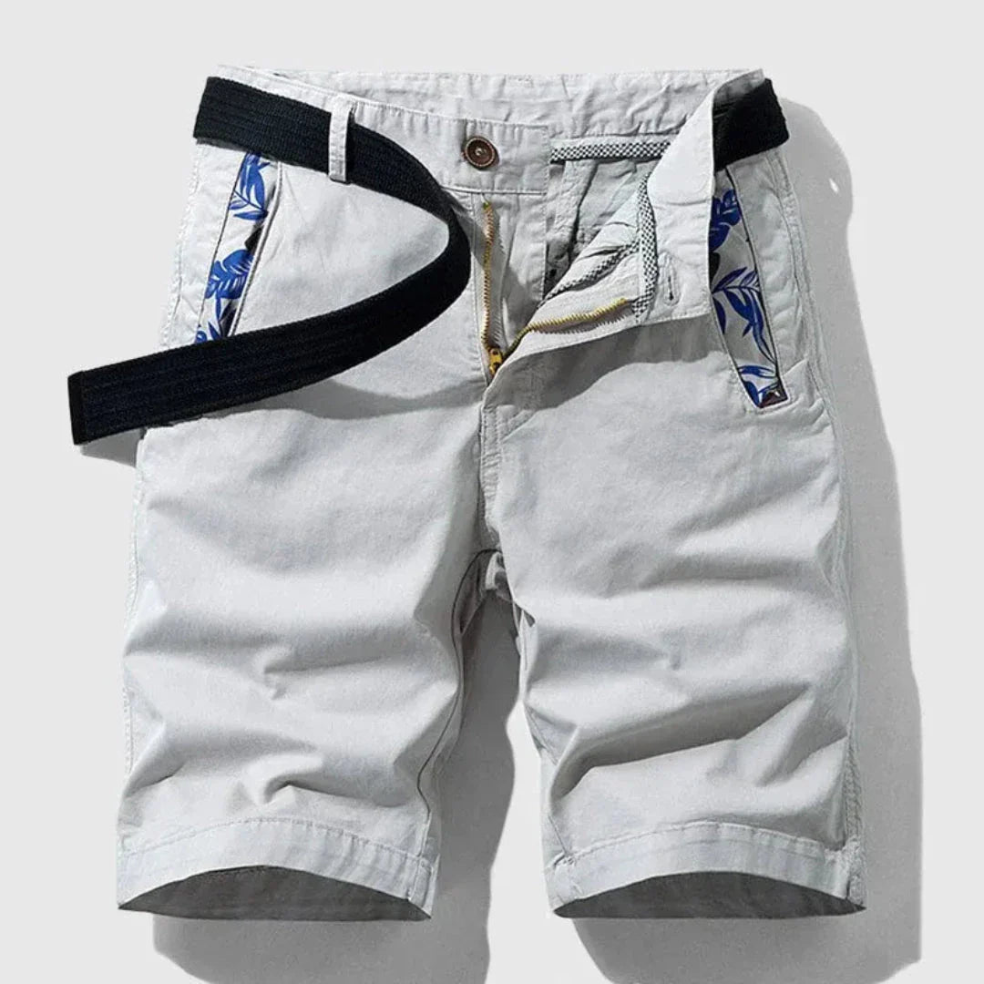 Tim Zipper Fly Cotton Stretch Shorts For Men With Floral Pocket Lining And Belted