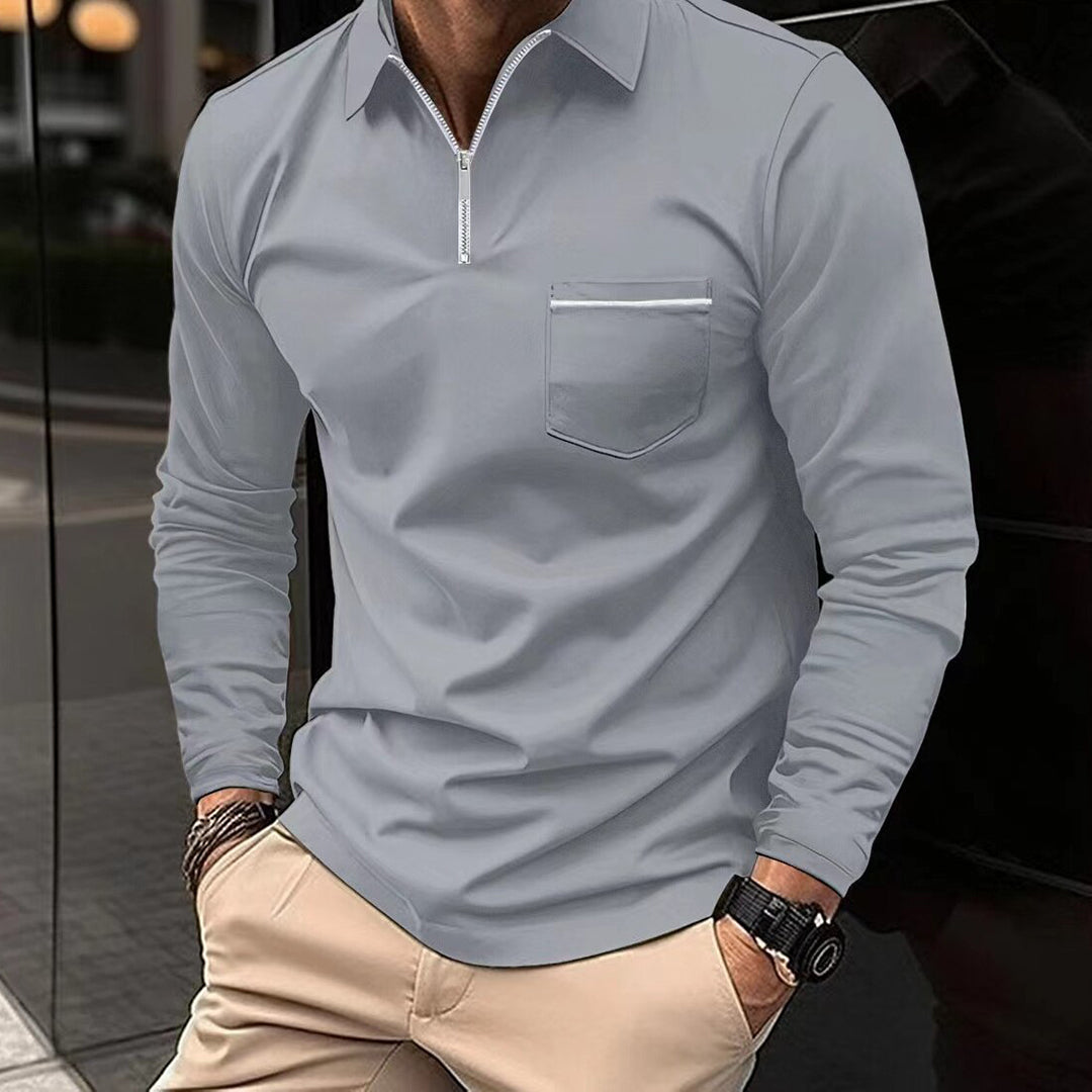 Men's Long Sleeve Slim Fit Polo with Half Zip and Chest Pocket Nordic Inspired Casual Shirt