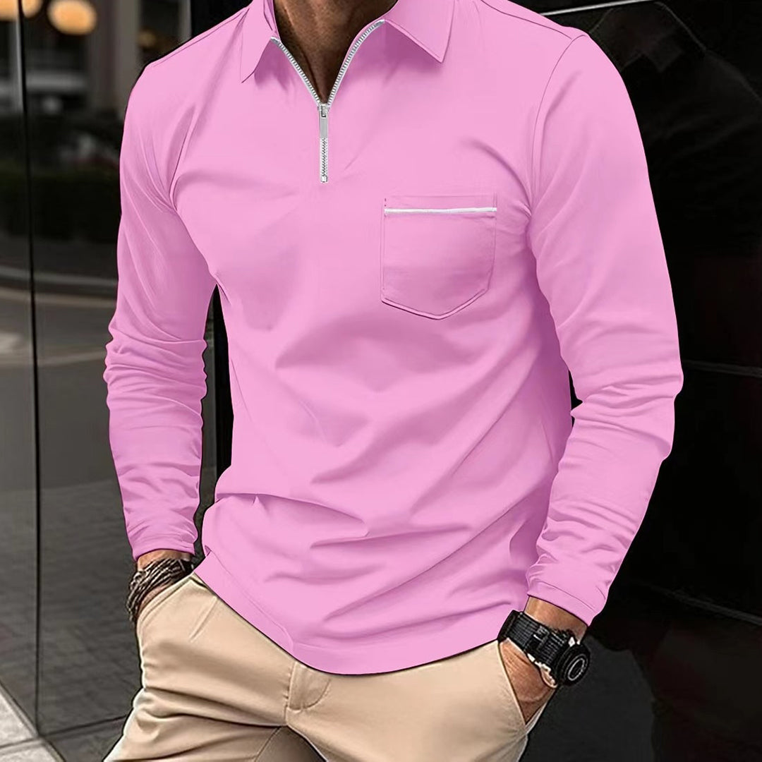 Men's Long Sleeve Slim Fit Polo with Half Zip and Chest Pocket Nordic Inspired Casual Shirt