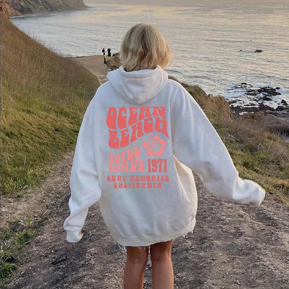 Trendy Oversized Hoodie with Ocean Beach Design