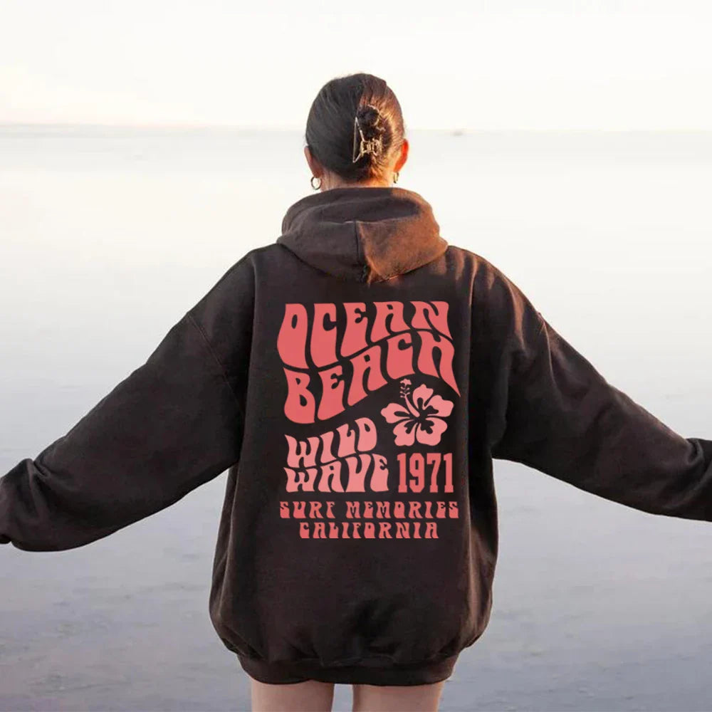 Trendy Oversized Hoodie with Ocean Beach Design