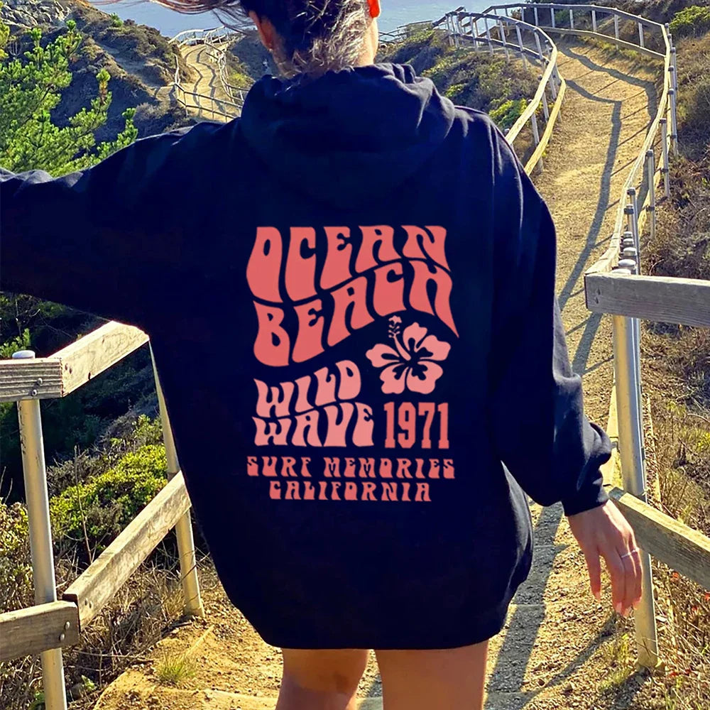 Trendy Oversized Hoodie with Ocean Beach Design