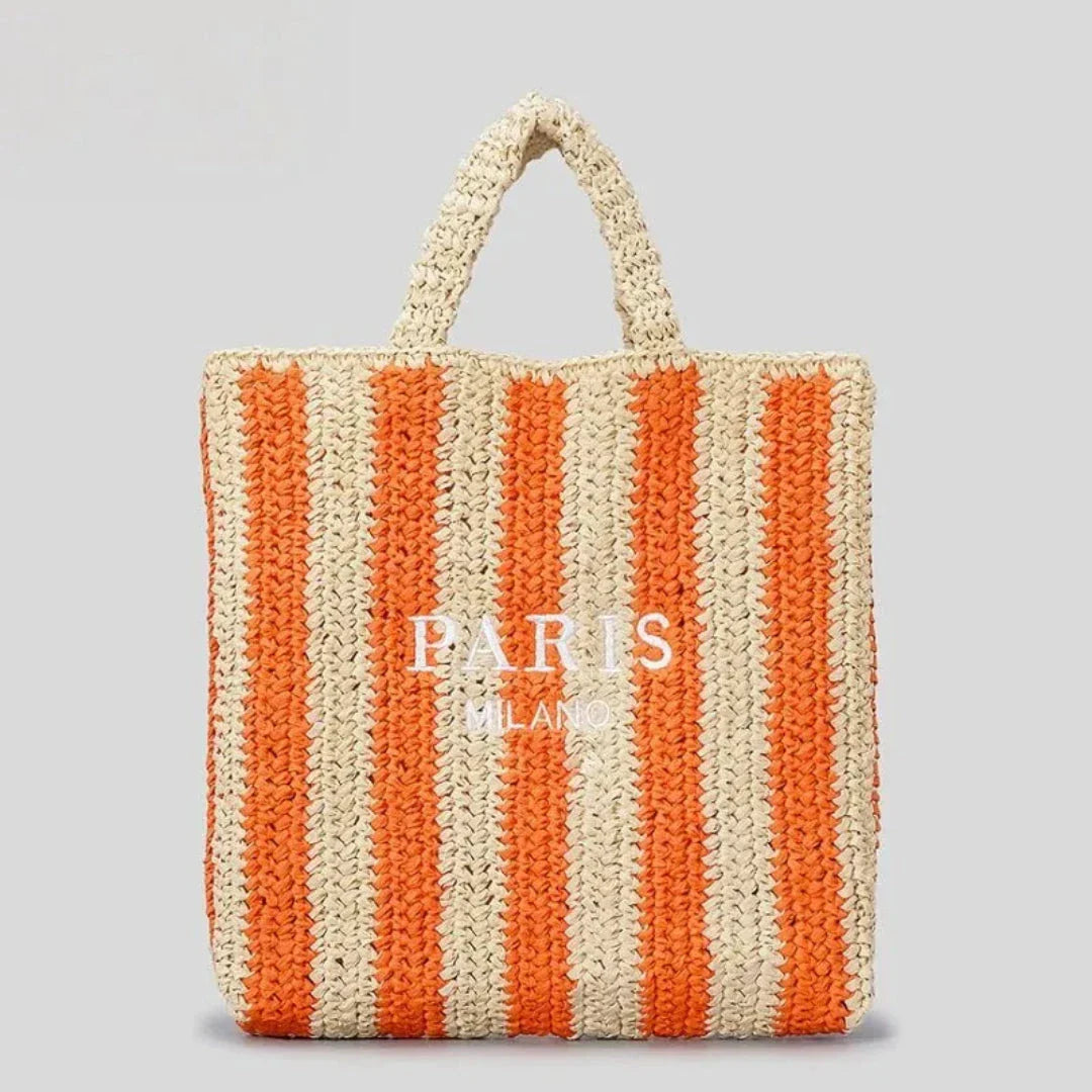 TrendAura Tressa Woven Striped Tote Bag - Handcrafted Straw Tote With Vibrant Orange Stripes For Beach And Market