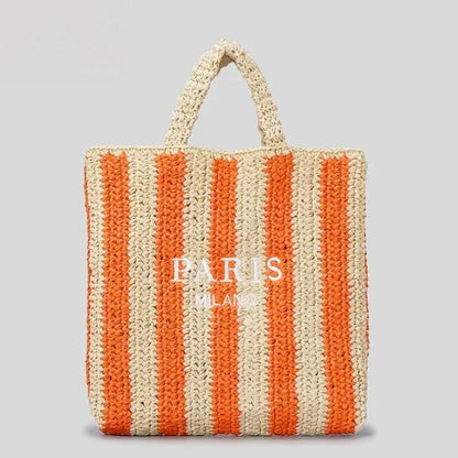 TrendAura Tressa Woven Striped Tote Bag - Handcrafted Straw Tote With Vibrant Orange Stripes For Beach And Market