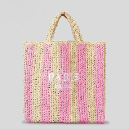 TrendAura Tressa Woven Striped Tote Bag - Handcrafted Straw Tote With Vibrant Orange Stripes For Beach And Market