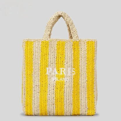 TrendAura Tressa Woven Striped Tote Bag - Handcrafted Straw Tote With Vibrant Orange Stripes For Beach And Market