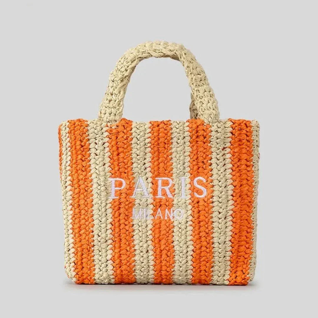 TrendAura Tressa Woven Striped Tote Bag - Handcrafted Straw Tote With Vibrant Orange Stripes For Beach And Market
