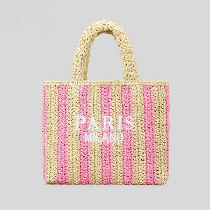 TrendAura Tressa Woven Striped Tote Bag - Handcrafted Straw Tote With Vibrant Orange Stripes For Beach And Market