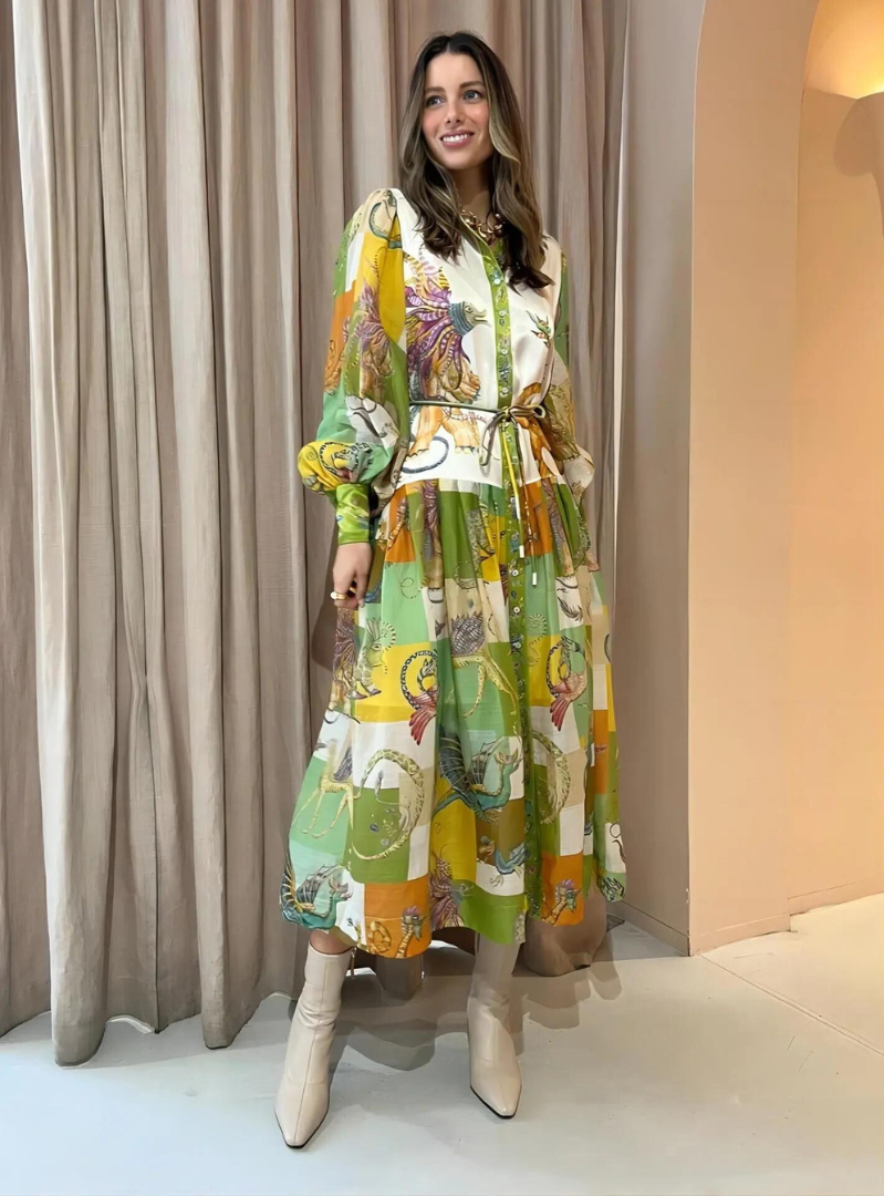 Matilda Women's Long Dress With Vintage Print And Polo Collar Elegant Versatile Daywear For Women