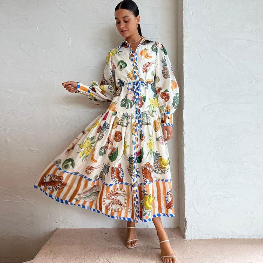 Matilda Women's Long Dress With Vintage Print And Polo Collar Elegant Versatile Daywear For Women
