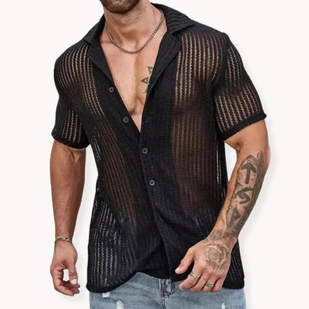 TrendAura Turin Hollow Knit Button Down Summer Shirt Mesh Style Breathable Open Or Buttoned Beach Streetwear
