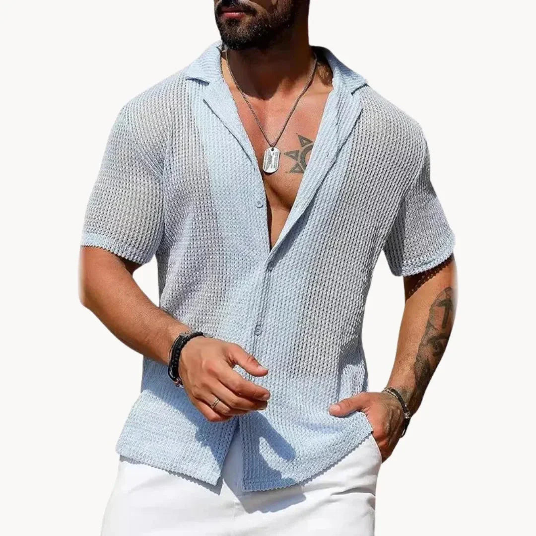 TrendAura Turin Hollow Knit Button Down Summer Shirt Mesh Style Breathable Open Or Buttoned Beach Streetwear
