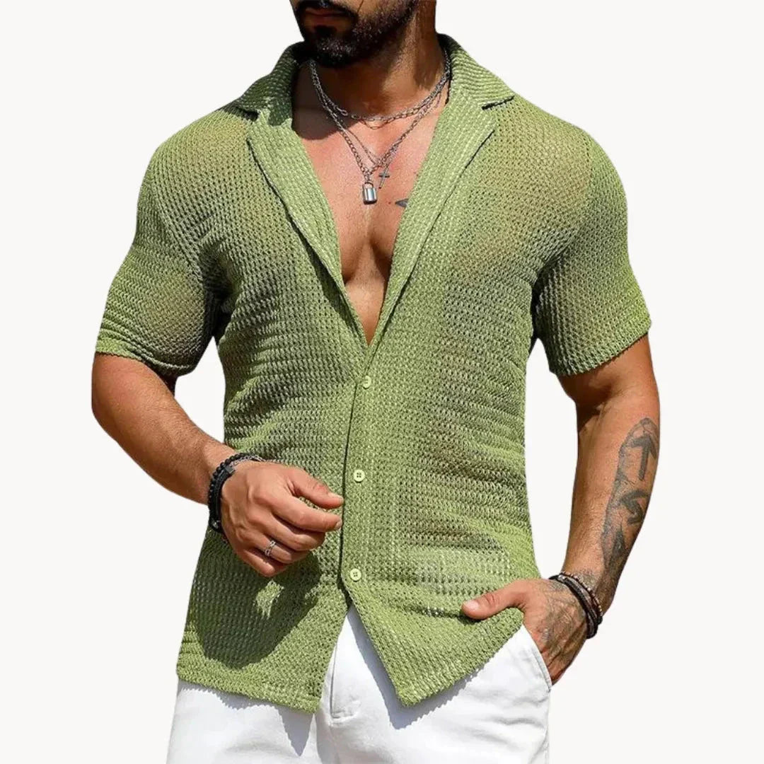 TrendAura Turin Hollow Knit Button Down Summer Shirt Mesh Style Breathable Open Or Buttoned Beach Streetwear