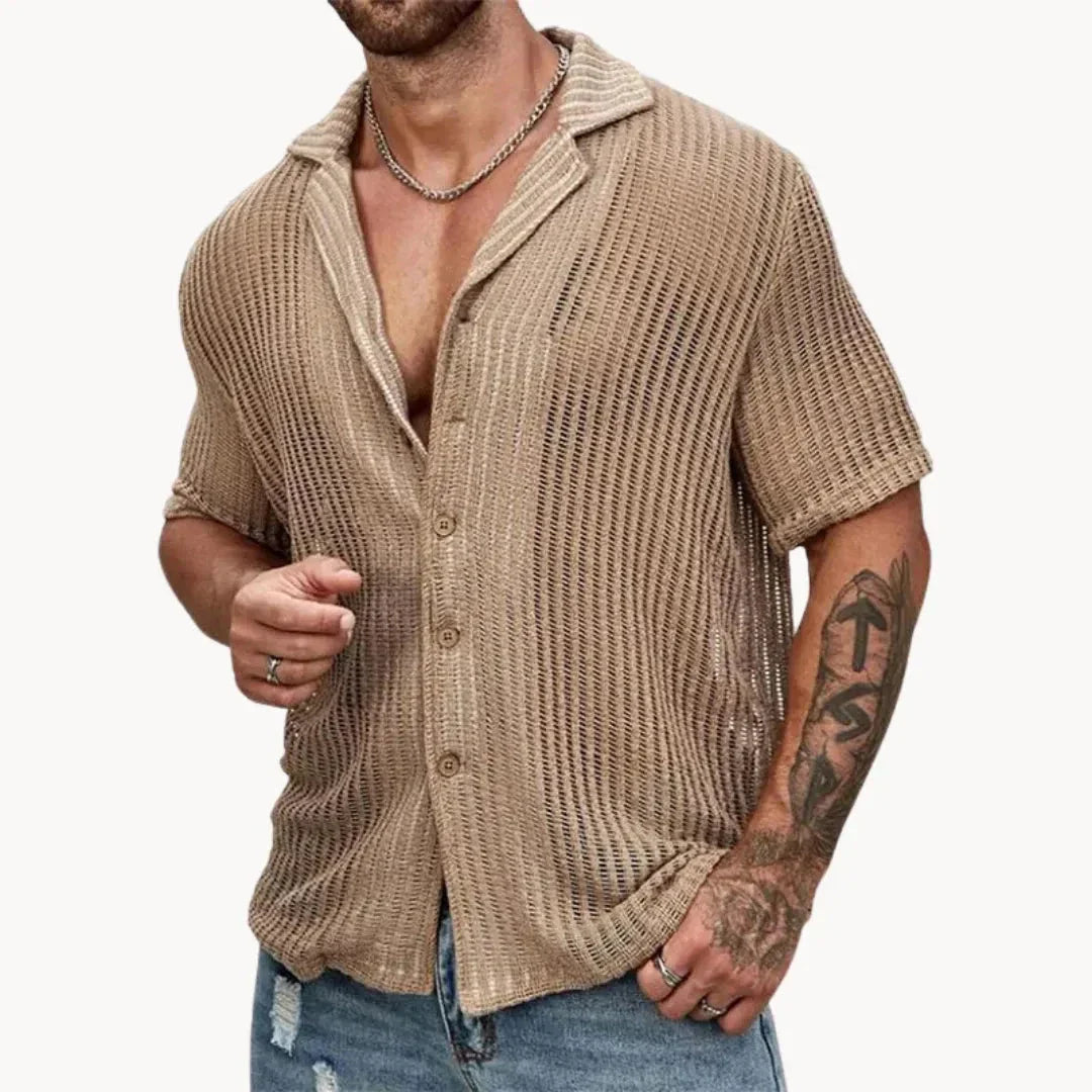 TrendAura Turin Hollow Knit Button Down Summer Shirt Mesh Style Breathable Open Or Buttoned Beach Streetwear