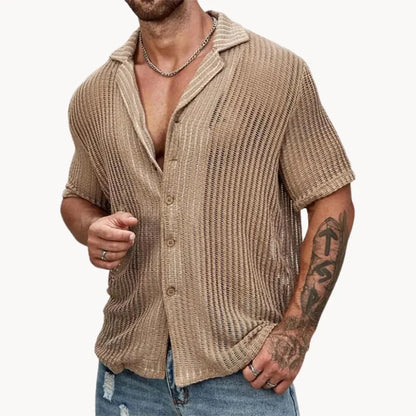 TrendAura Turin Hollow Knit Button Down Summer Shirt Mesh Style Breathable Open Or Buttoned Beach Streetwear