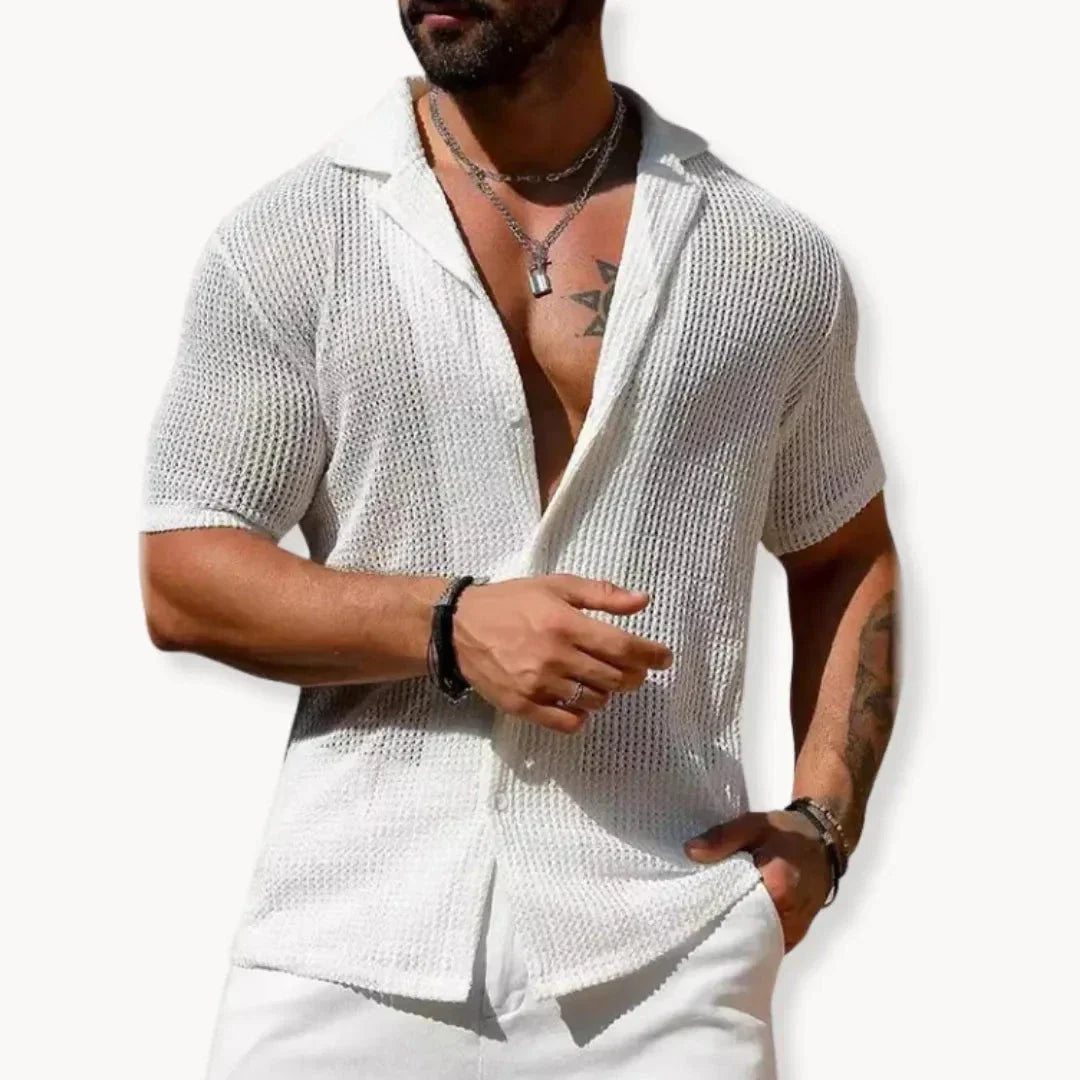 TrendAura Turin Hollow Knit Button Down Summer Shirt Mesh Style Breathable Open Or Buttoned Beach Streetwear