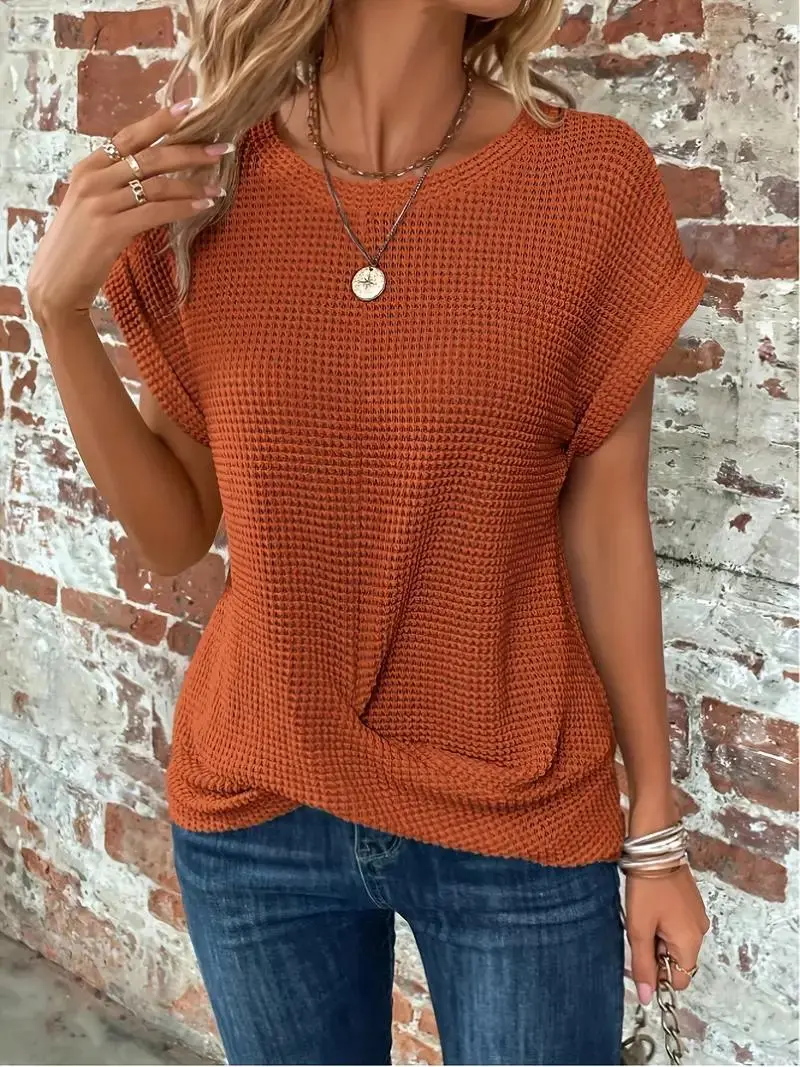 Twist-Hem Waffle Tee for Women – Effortless Style & Comfort