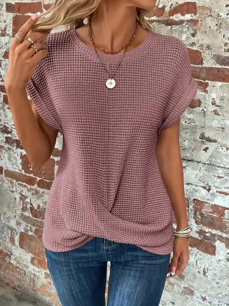 Twist-Hem Waffle Tee for Women – Effortless Style & Comfort