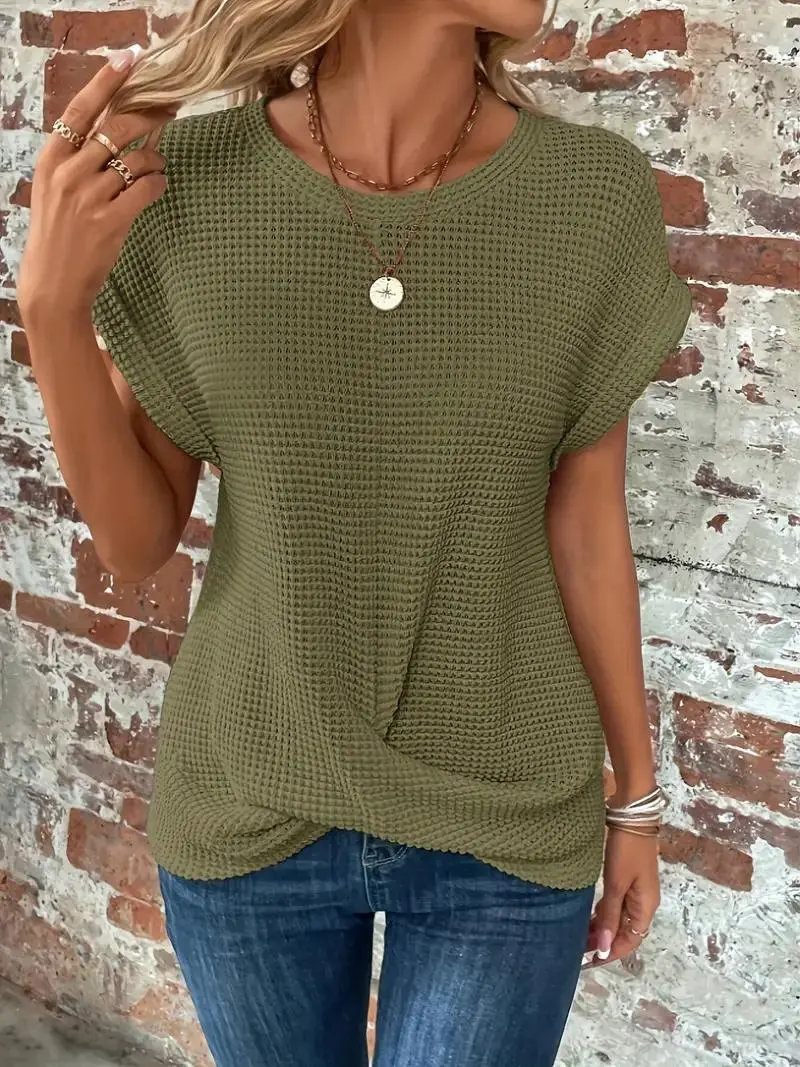 Twist-Hem Waffle Tee for Women – Effortless Style & Comfort