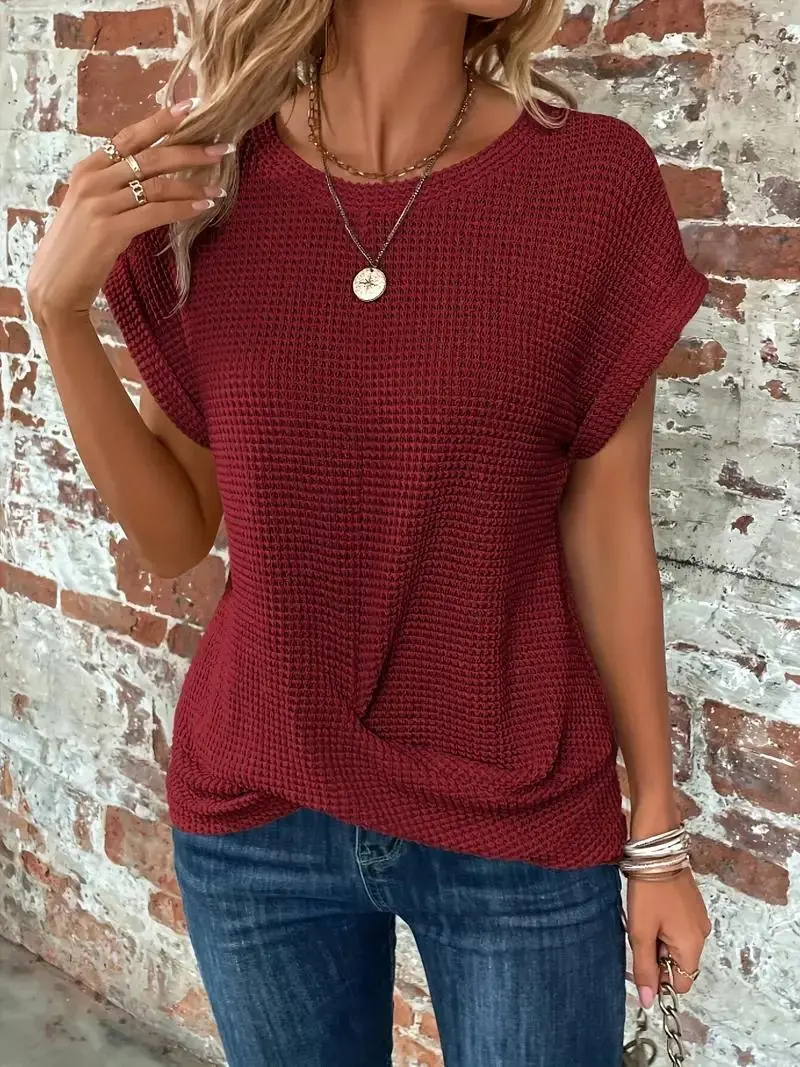 Twist-Hem Waffle Tee for Women – Effortless Style & Comfort