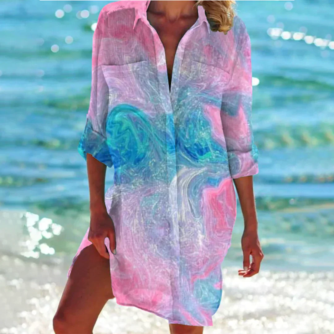 Women's Shirt Dress - Tie-Dye Pattern - Loose Fit - Light and Breathable