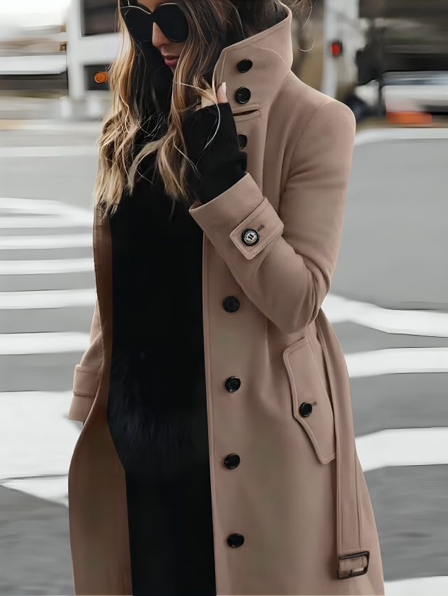 Long Womens Coat With Stand Up Collar And Bow Belt For Fashionable Women Timeless Elegant Everyday Essential